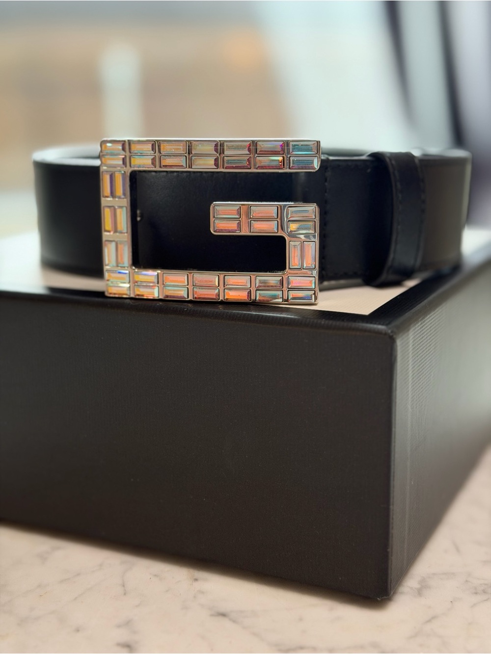 Gucci Crystal Interlocking G Leather Belt Black Size 80/32 NWT Box & Dust Bag